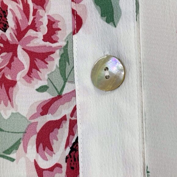 Calessa Tunic Top White Pink Floral Frenzy 2X Roll Tab Sleeves Pockets Button Up - Picture 5 of 9